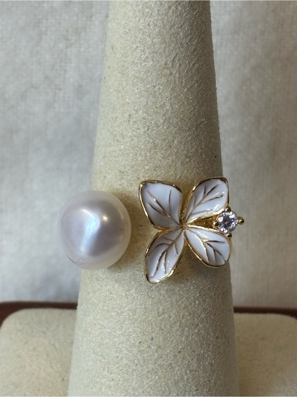 Freshwater Pearl and Enamel 18k Gold over 925 Sterling Silver Ring ADJ